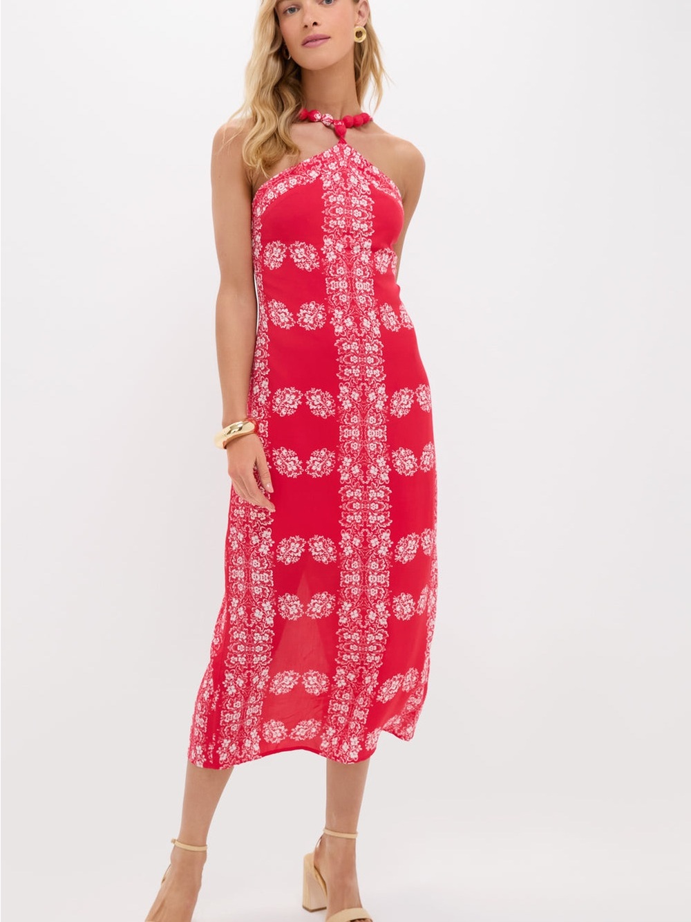 Tuckernuck Red Halter Midi Dress with White Print - Picture 1 of 4